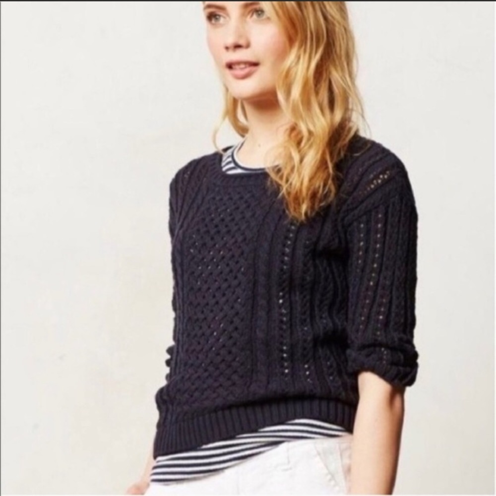 Anthropologie Moth Open Knit Navy Blue Sweater